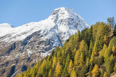 Scenic view of snowcapped mountains against blue sky