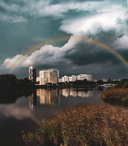 Buildings by lake against sky in city