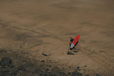 High angle view of man on sand dune in desert