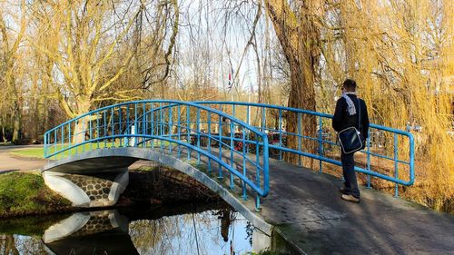 Rear view of man walking on footbridge over river by autumn trees at park
