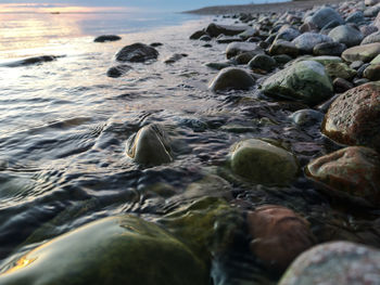 Baltic sea in sweden with stone and dark water