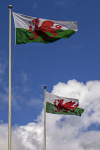 Low angle view of flags against sky