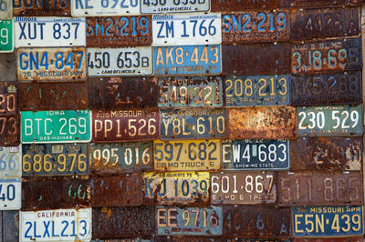 Old licence plates on a wall