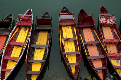 High angle view of boats moored in lake