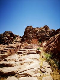 Rock formations against clear blue sky