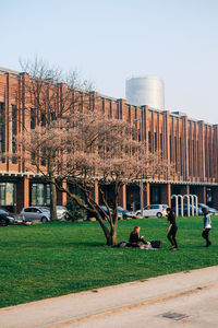 Park on field by buildings against clear sky