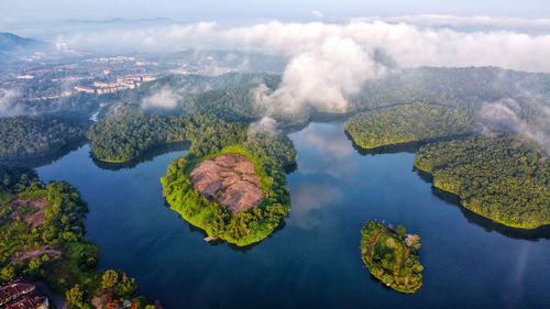 High angle view of lake against sky