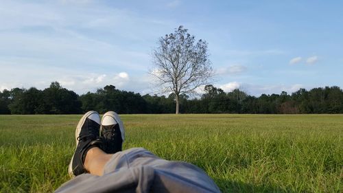 Low section of man on field against sky