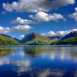 Scenic view of lake against cloudy sky