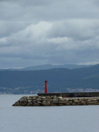 Lighthouse by sea against sky