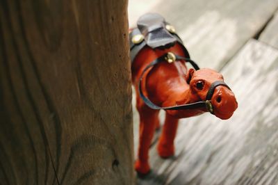 High angle view of camel figurine on wood