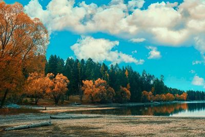 Scenic view of lake against sky during autumn