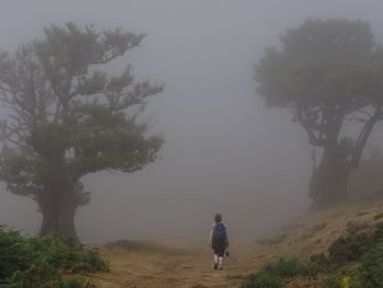 Rear view of woman walking in foggy weather at madeira island