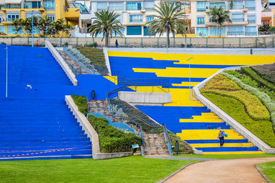 Swimming pool against built structure