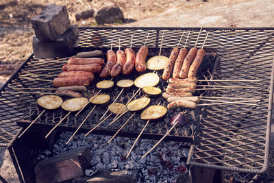 High angle view of barbecue grill