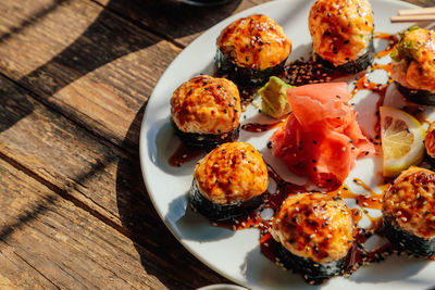 High angle view of food served on table