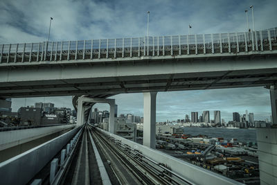 Railroad bridge in city against sky