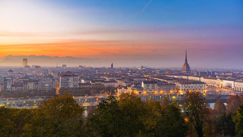 View of city at sunset