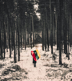 Rear view of woman with flag walking in snow covered forest