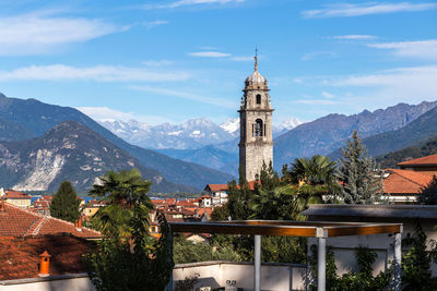 High angle view of trees and buildings against sky