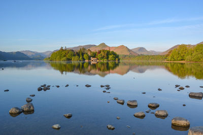 Scenic view of lake against clear blue sky