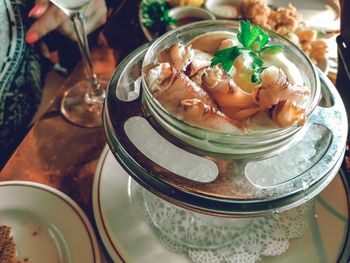 High angle view of dessert in plate on table