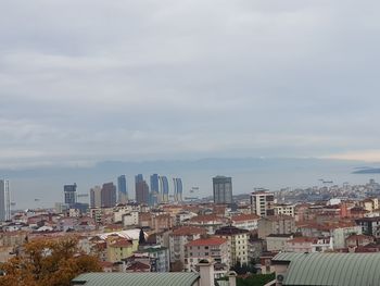 High angle view of buildings in city against sky