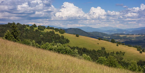 Scenic view of field against cloudy sky