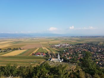 High angle view of field against sky