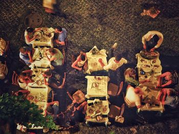 High angle view of christmas ornaments on table