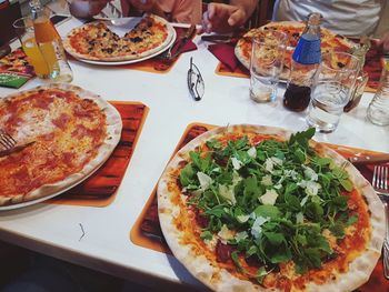 High angle view of pizza on table