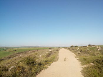 Dirt road passing through field