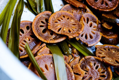 High angle view of mushrooms in plate