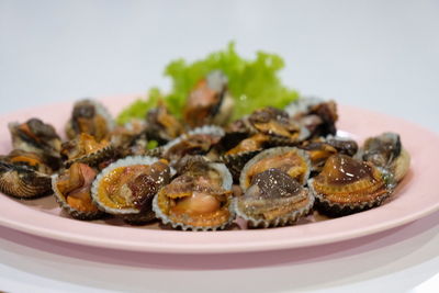 Close-up of mussels in plate