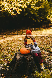 A little girl child in warm clothes and a red hat is sit with a pumpkin on a stump in an autumn park