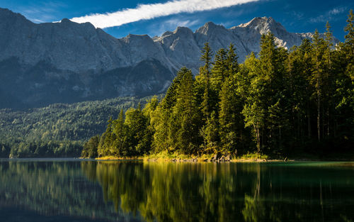 Scenic view of lake by trees and mountains against sky