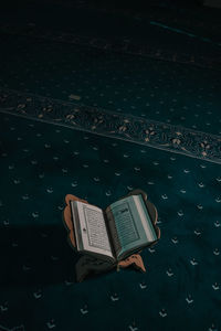 High angle view of open book on table