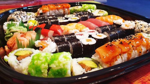 Close-up of sushi served in plate