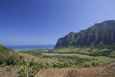 Scenic view of sea against clear blue sky