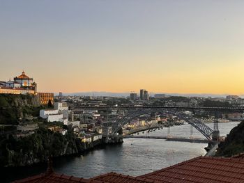 High angle view of city at sunset