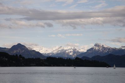 Scenic view of lake and mountains against sky