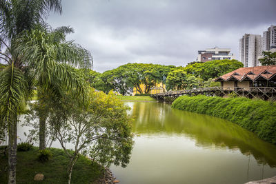 River amidst trees and buildings against sky