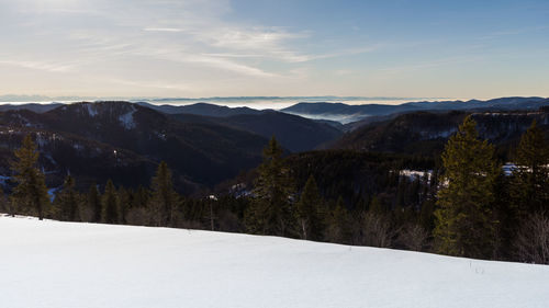 Scenic view of snowcapped mountains against sky during winter