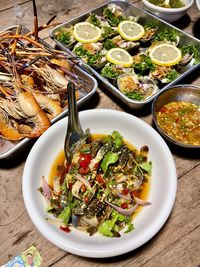 High angle view of meal served on table