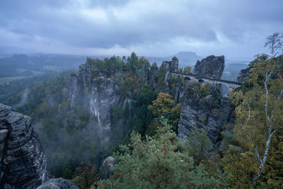 Panoramic view of trees and rocks against sky