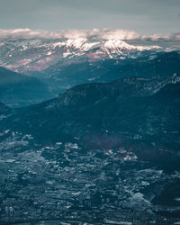 Aerial view of snowcapped mountain against sky