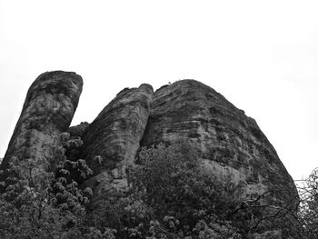 Low angle view of rock formation against clear sky