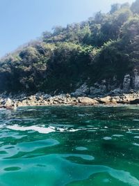 Scenic view of swimming in water against sky