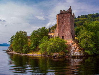 Low angle view of urquhart castle by loch ness