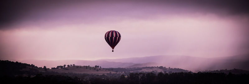 Silhouette hot air balloons in forest against sky